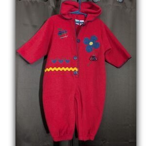 Vtg McBaby Jumpsuit One Piece Hooded Buttons Toddler Red Sz 18 Months